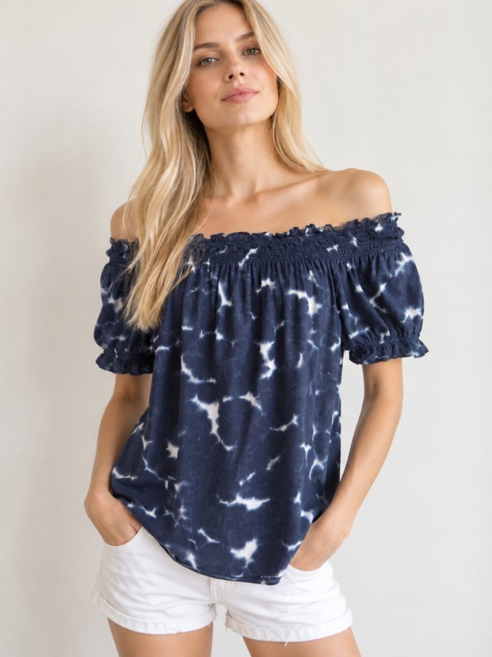 Theory Navy Tie Dye Off Shoulder Smocked Cotton Blouse Top Size S P